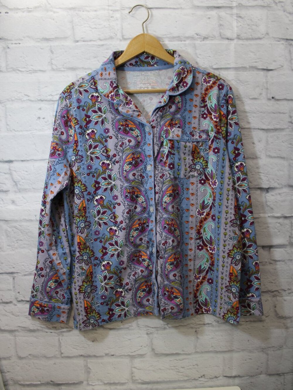 Vera Bradley Medium Blue Provence Paisley Stripes Button Front Longsleeve Pj Top